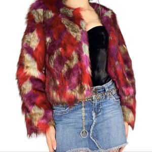 UNIF red purple tan aqua multicolor faux fur open front jacket coat